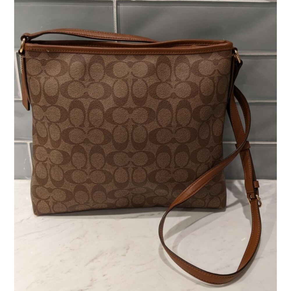 COACH #F58297 Signature File Crossbody Zip Top Handbag Khaki/Saddle WORN ONCE!!! - Picture 12 of 16